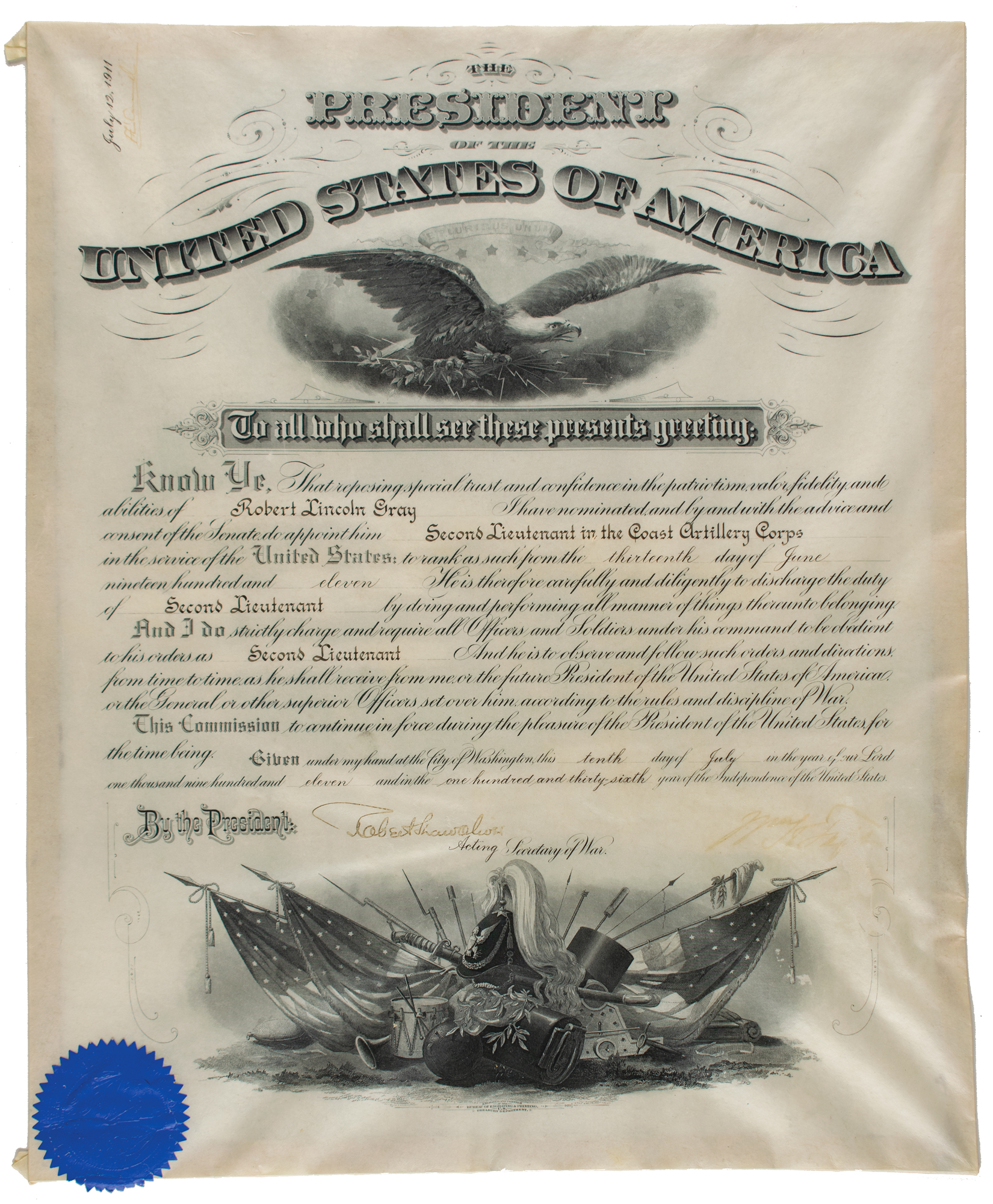 Lot #121 William H. Taft Document Signed as President