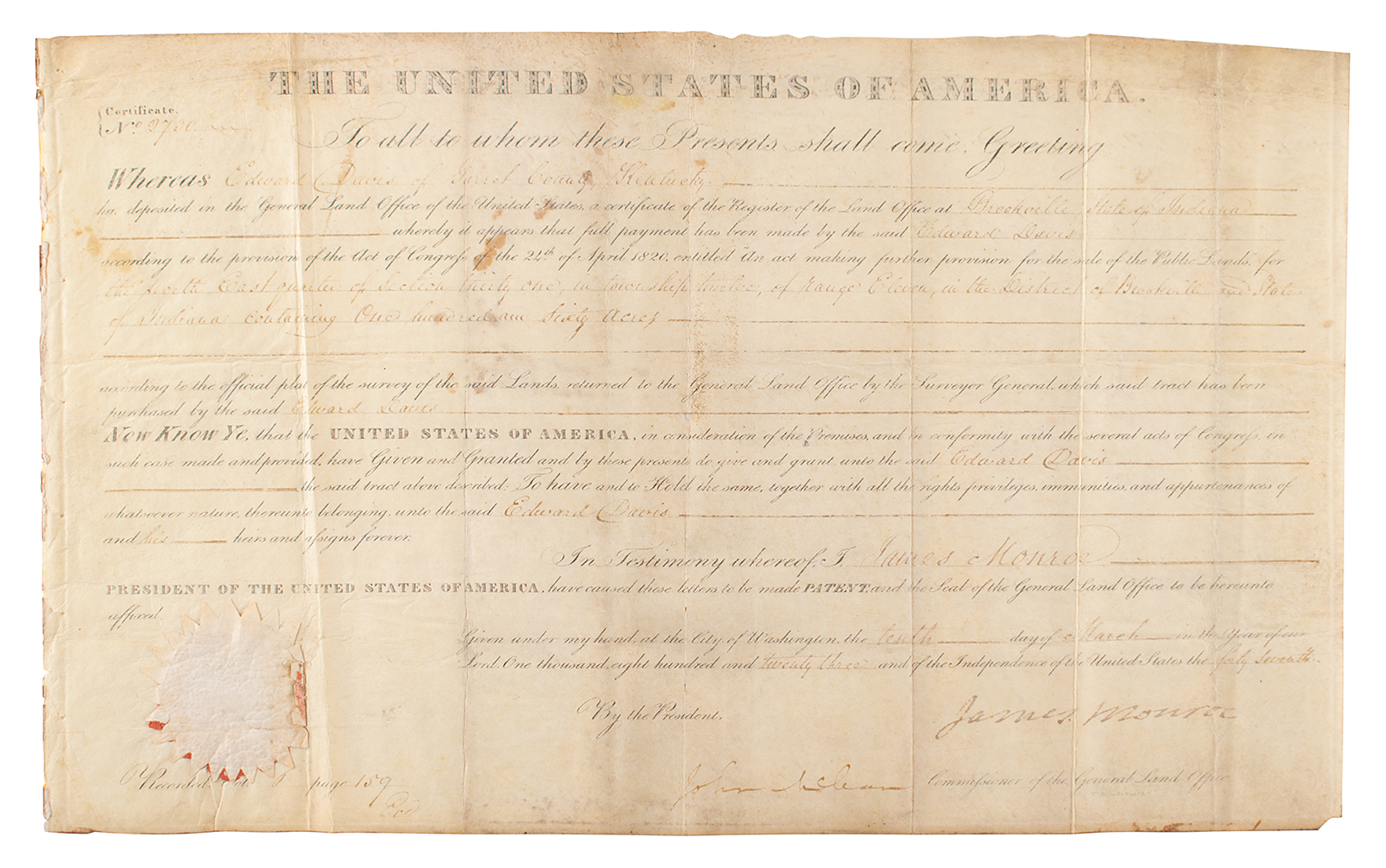 Lot #102 James Monroe Document Signed as President