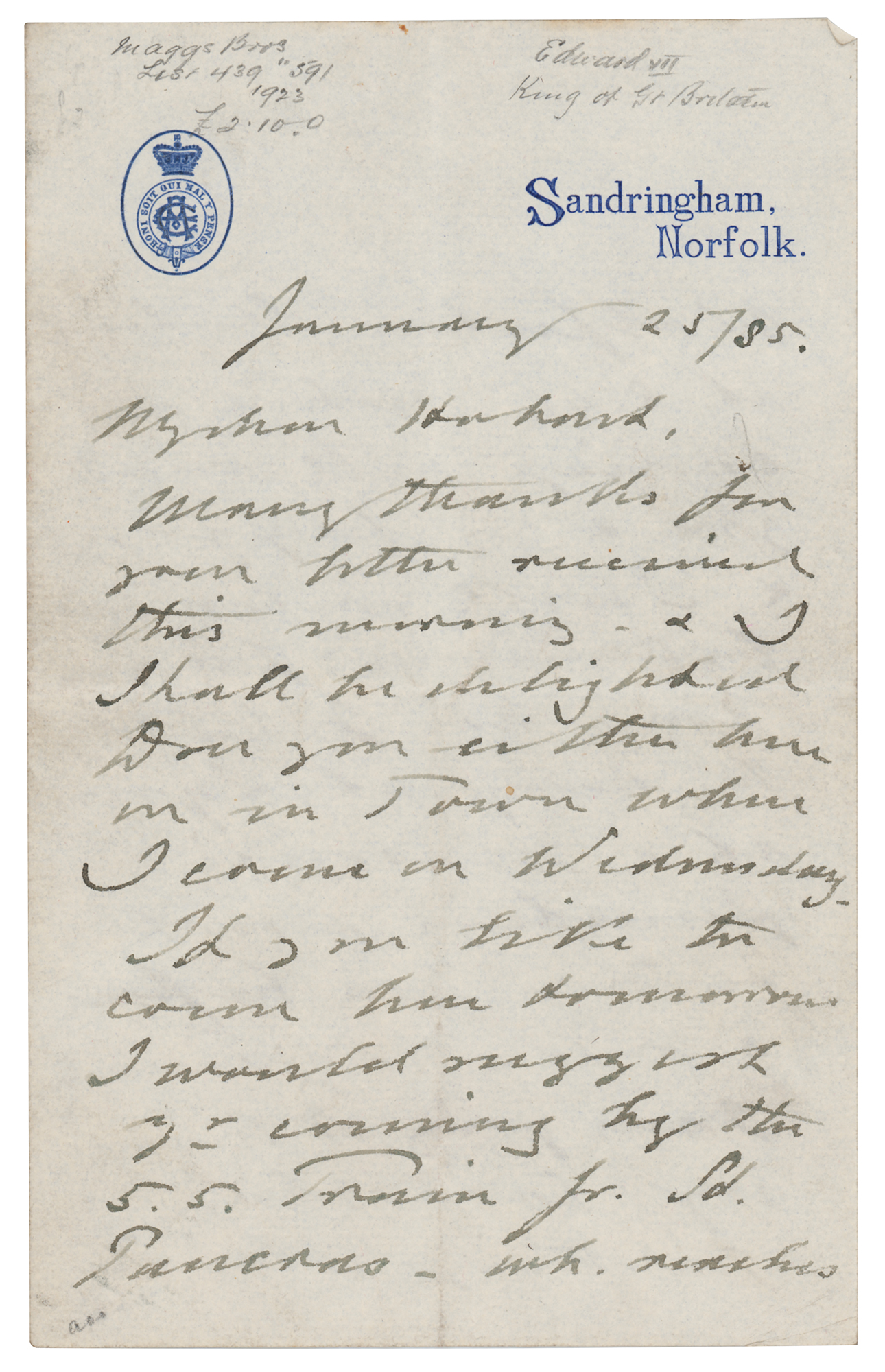 Lot #246 King Edward VII Autograph Letter Signed