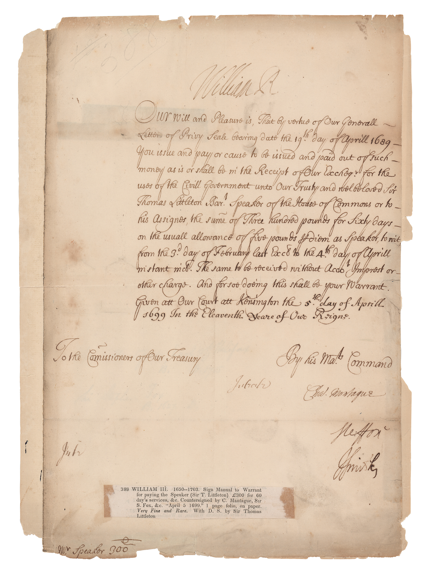 Lot #258 King William III Document Signed