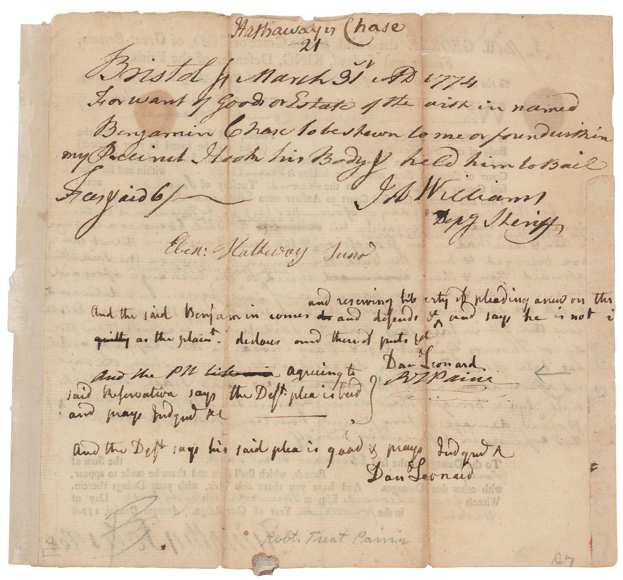 Lot #274 Robert Treat Paine Document Signed