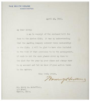 Lot #38 Warren G. Harding Typed Letter Signed as President and Signed Check - Image 2