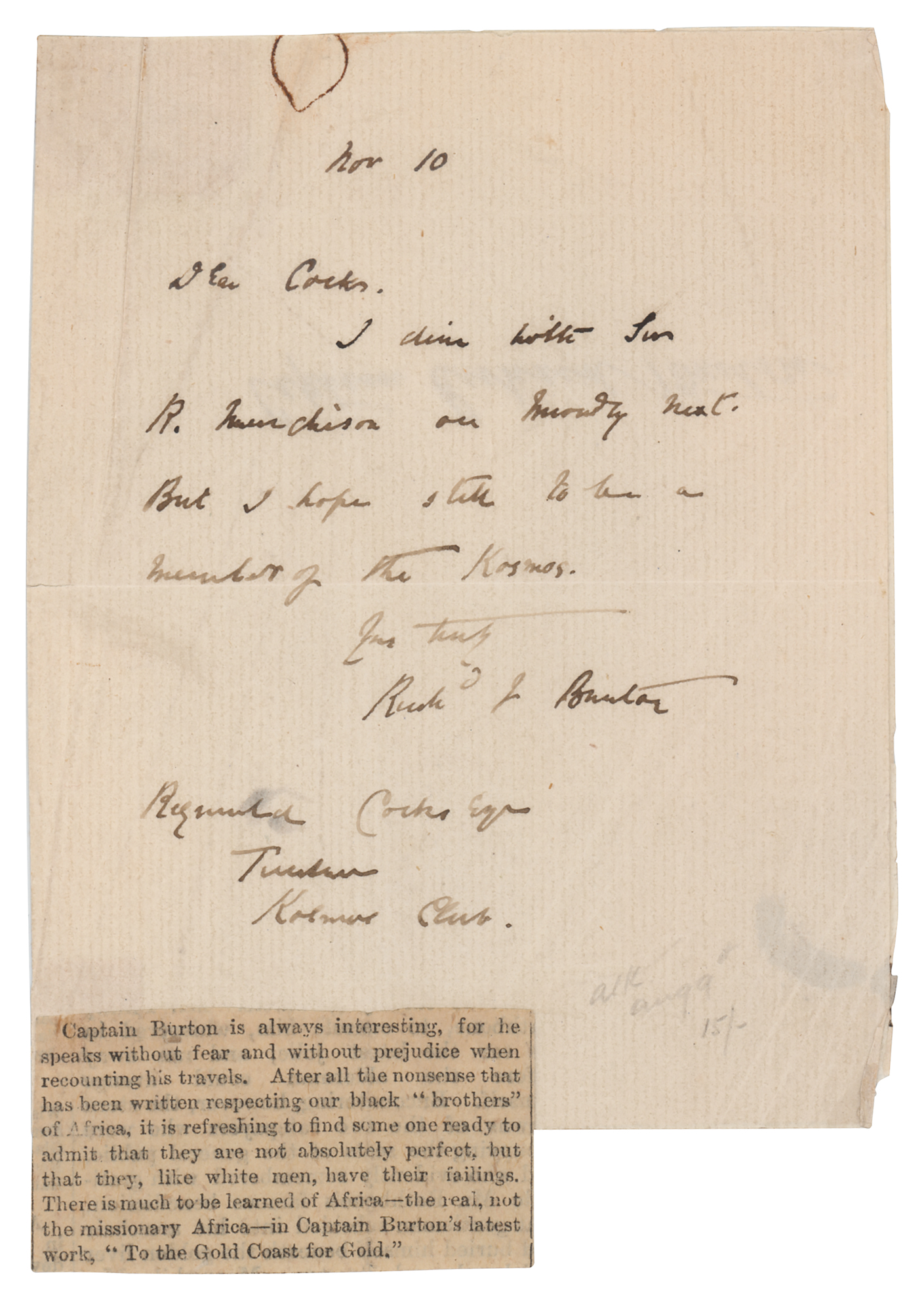 Lot #200 Richard Francis Burton Autograph Letter Signed