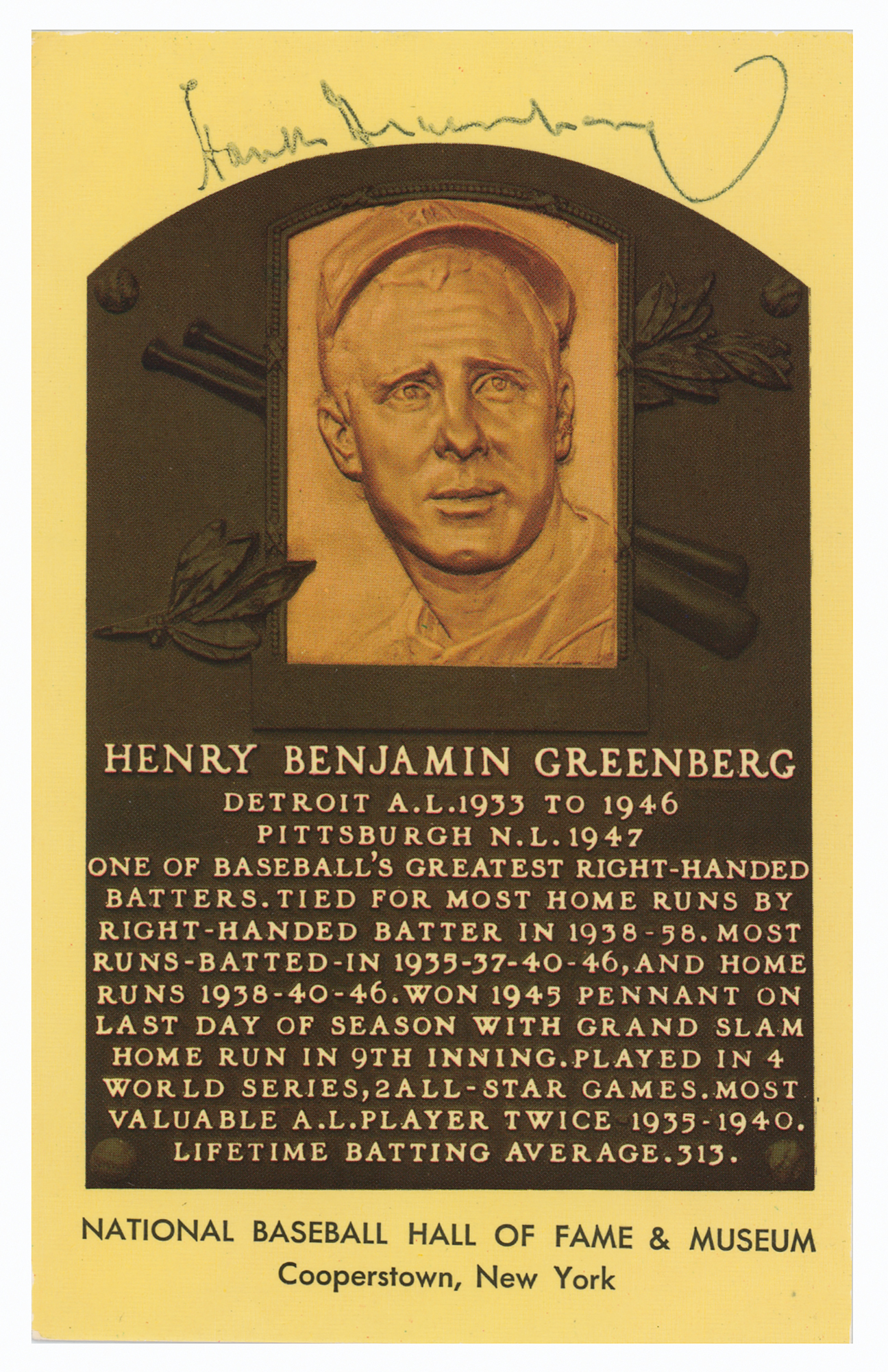 Lot #882 Hank Greenberg Signed Hall of Fame Postcard