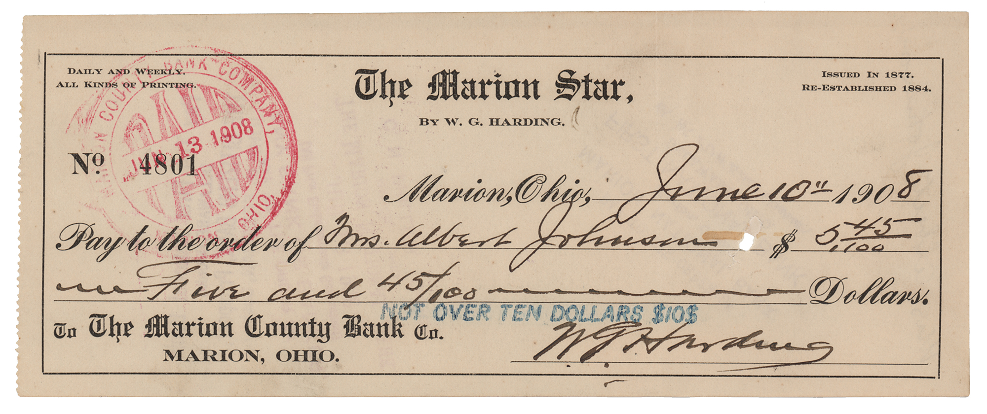 Lot #88 Warren G. Harding Signed Check