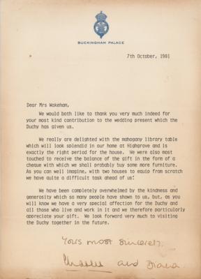 Lot #191 Princess Diana and Prince Charles Typed Letter Signed