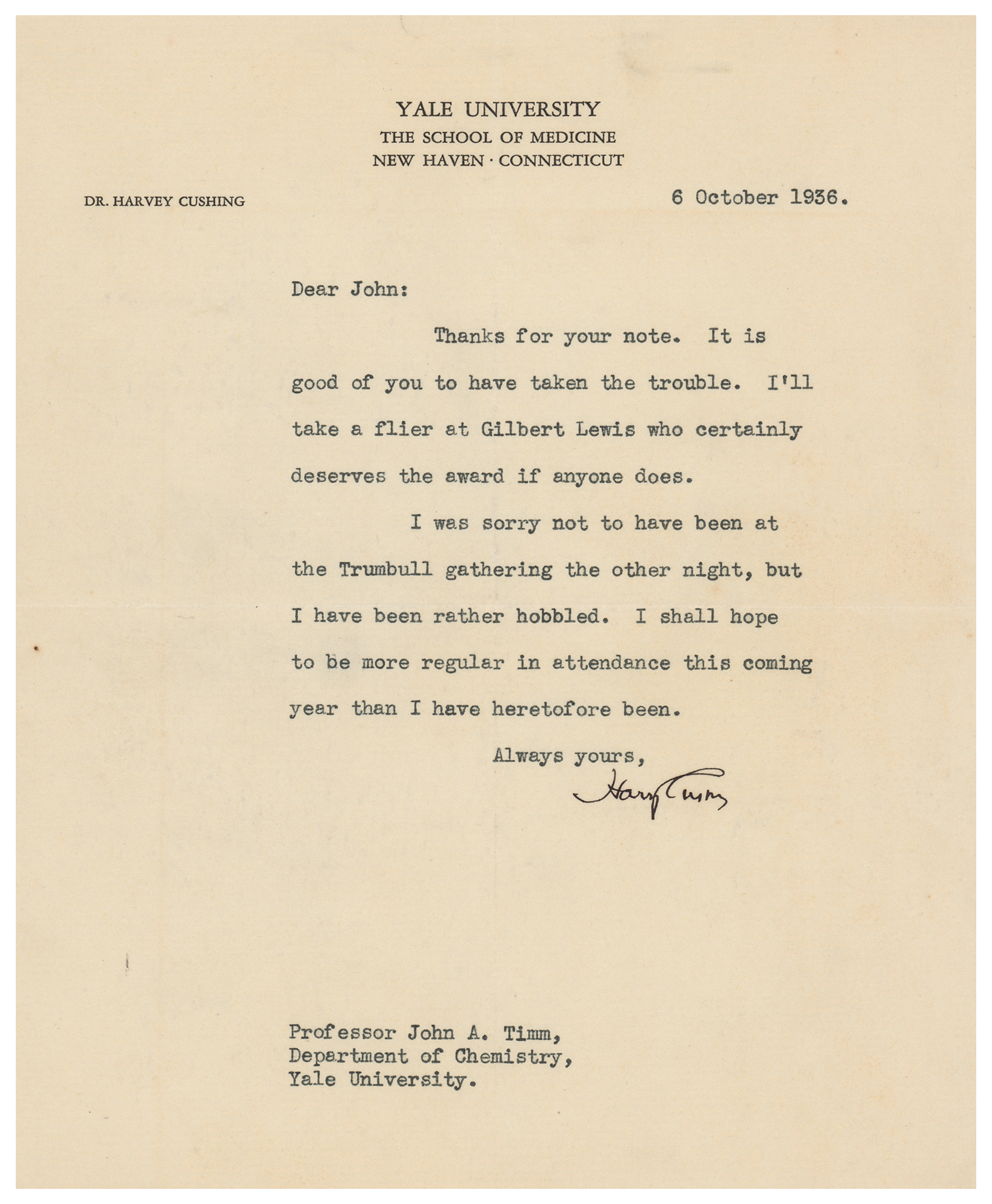 Lot #153 Harvey Cushing Typed Letter Signed