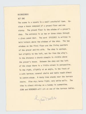 Lot #510 Eugene Ionesco Signed Souvenir Typescript from 'Rhinoceros'
