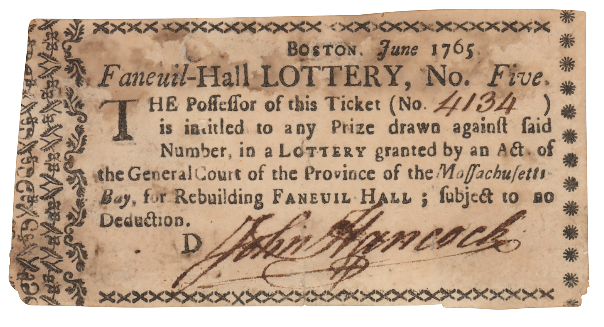 Lot #130 John Hancock Signed Lottery Ticket