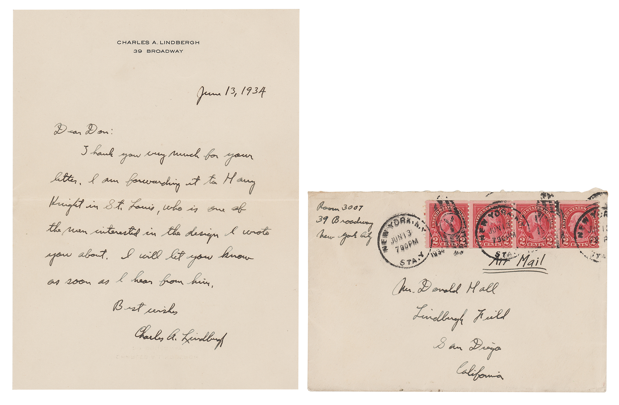 Lot #378 Charles Lindbergh Autograph Letter Signed