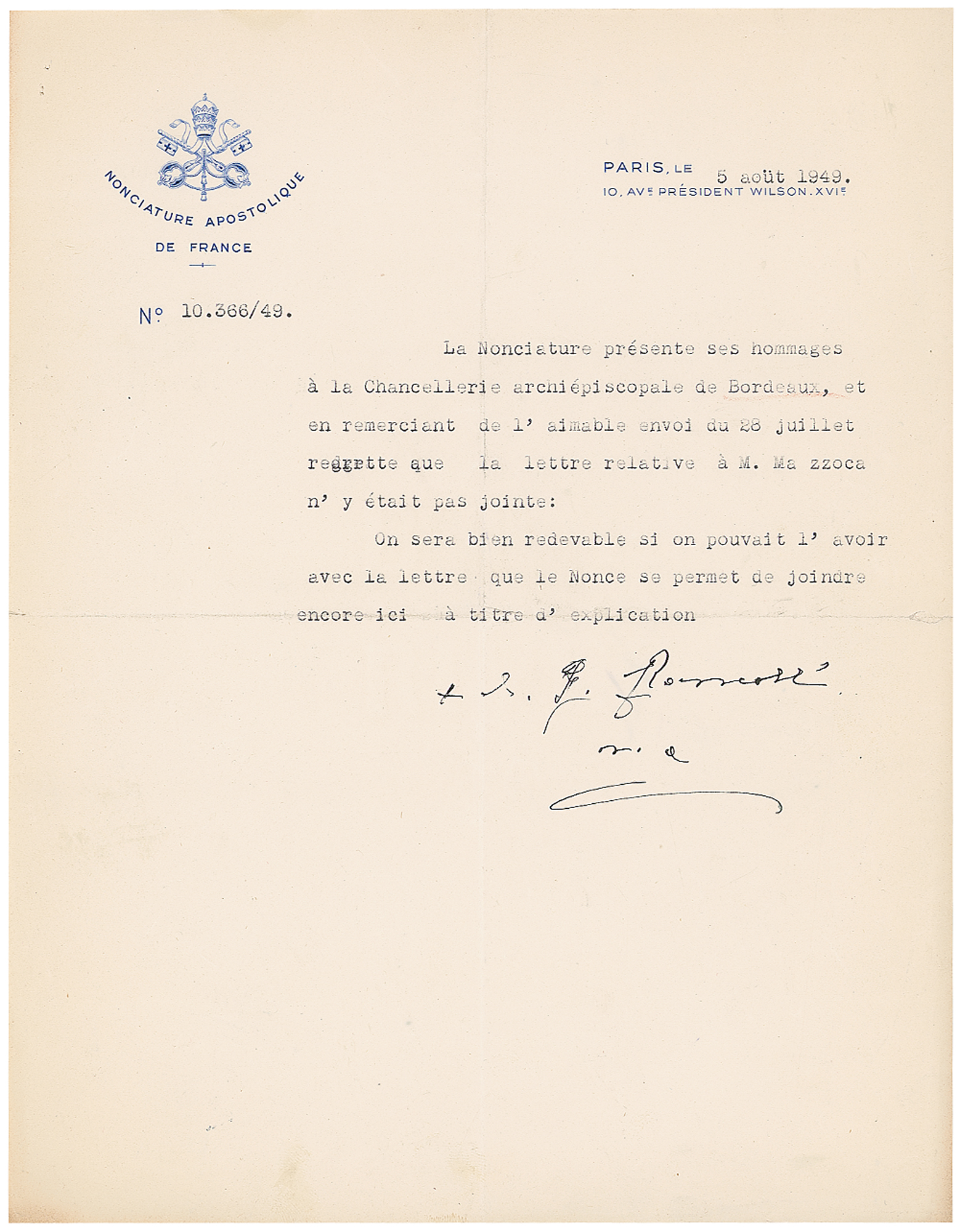 Lot #177 Pope John XXIII Typed Letter Signed