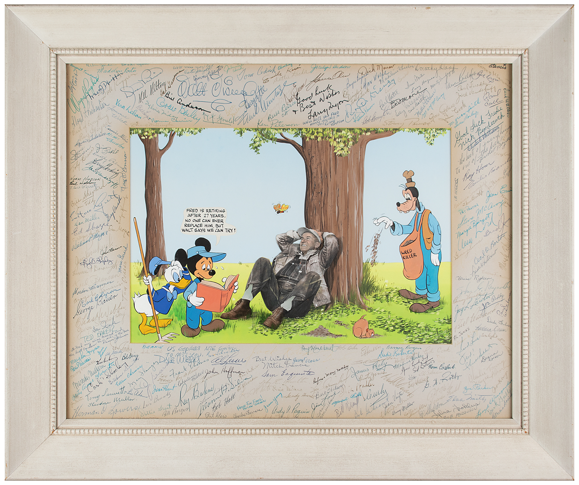 Lot #8038 Walt and Roy Disney Signed Retirement Card, with Over 230 Walt Disney Studios Employees