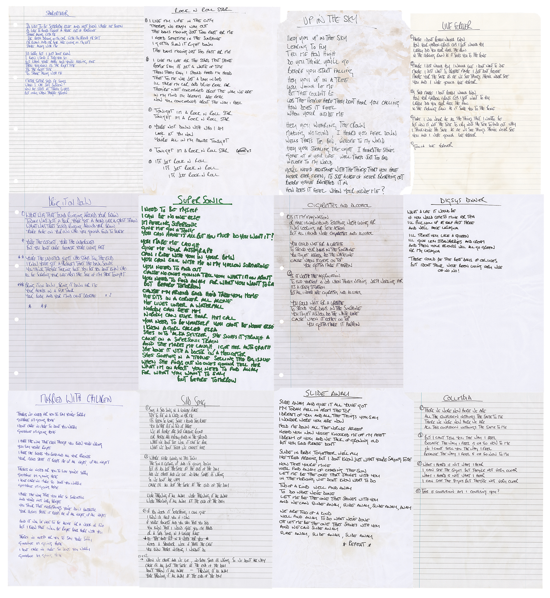Lot #8051 Oasis: Noel Gallagher Handwritten Lyrics for Definitely Maybe