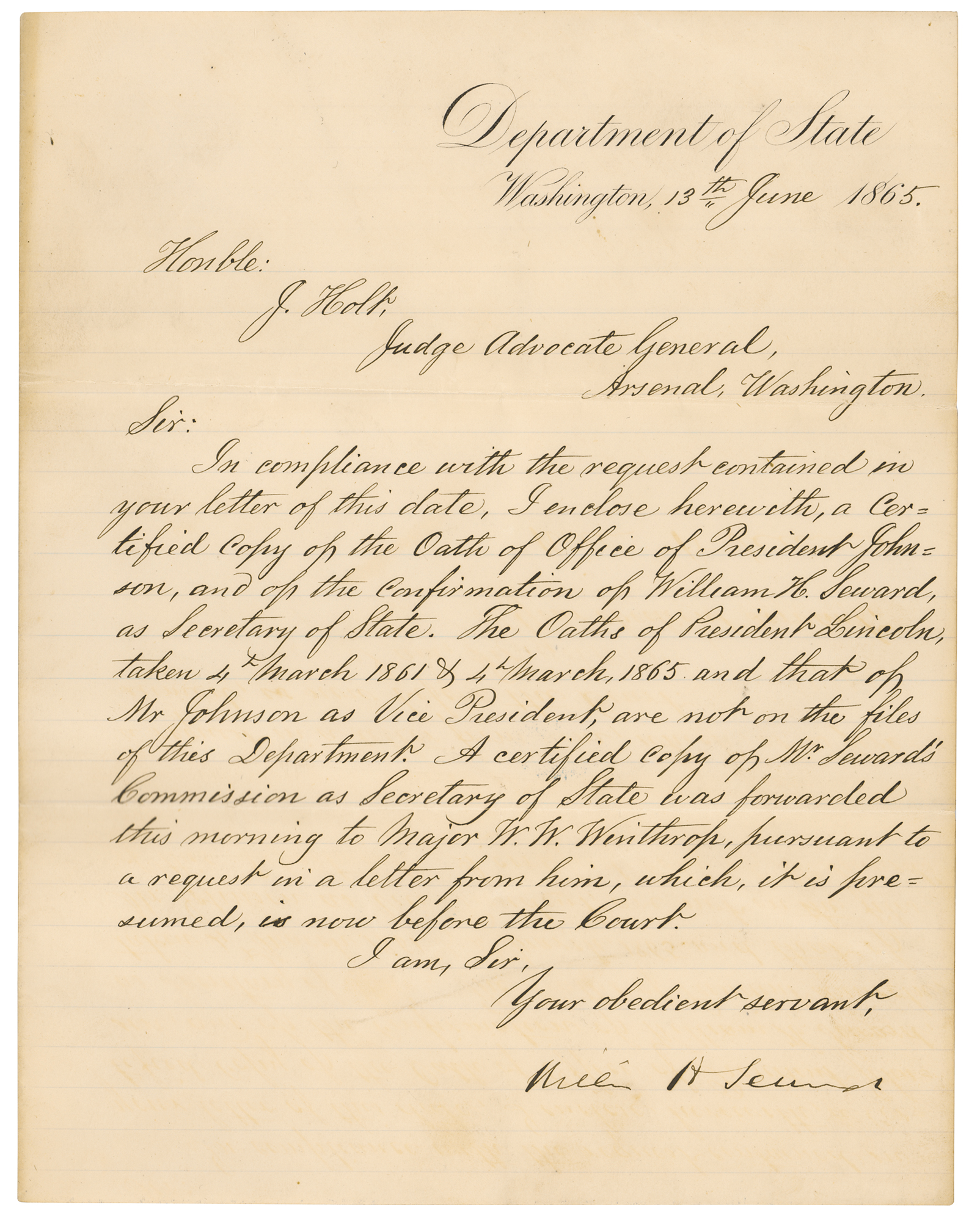 Lot #8004 William H. Seward Letter Signed for Prosecution of Lincoln Assassins