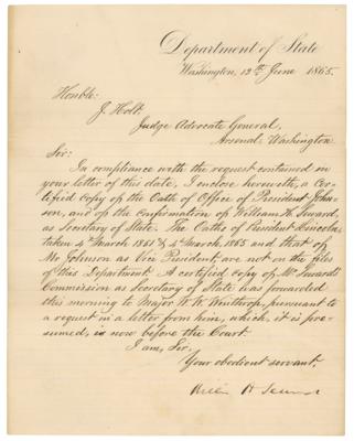 Lot #8004 William H. Seward Letter Signed for Prosecution of Lincoln Assassins