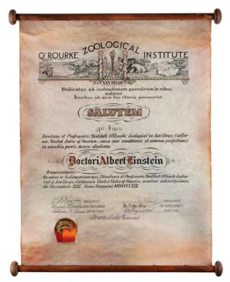 Lot #8020 Albert Einstein's 1930 O'Rourke Zoological Institute Diploma