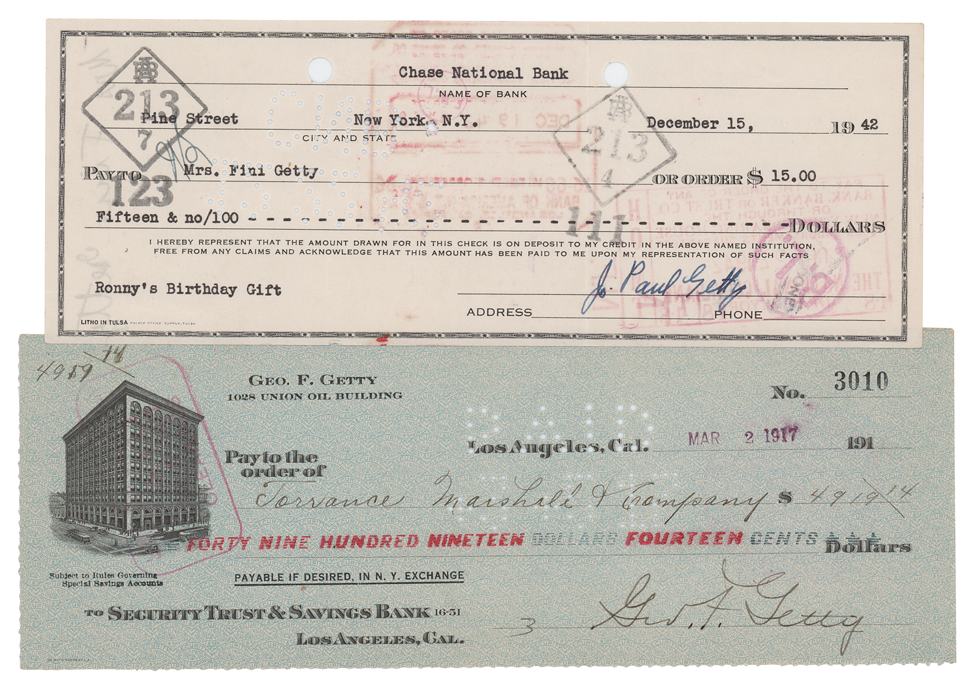 Lot #257 J. Paul and George Getty (2) Signed Checks