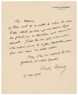 Lot #345 Charles Richet Autograph Letter Signed