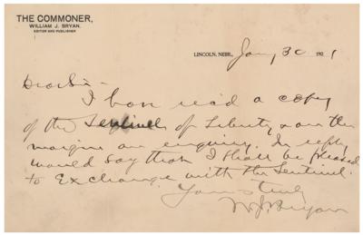 Lot #226 William Jennings Bryan Autograph Letter Signed