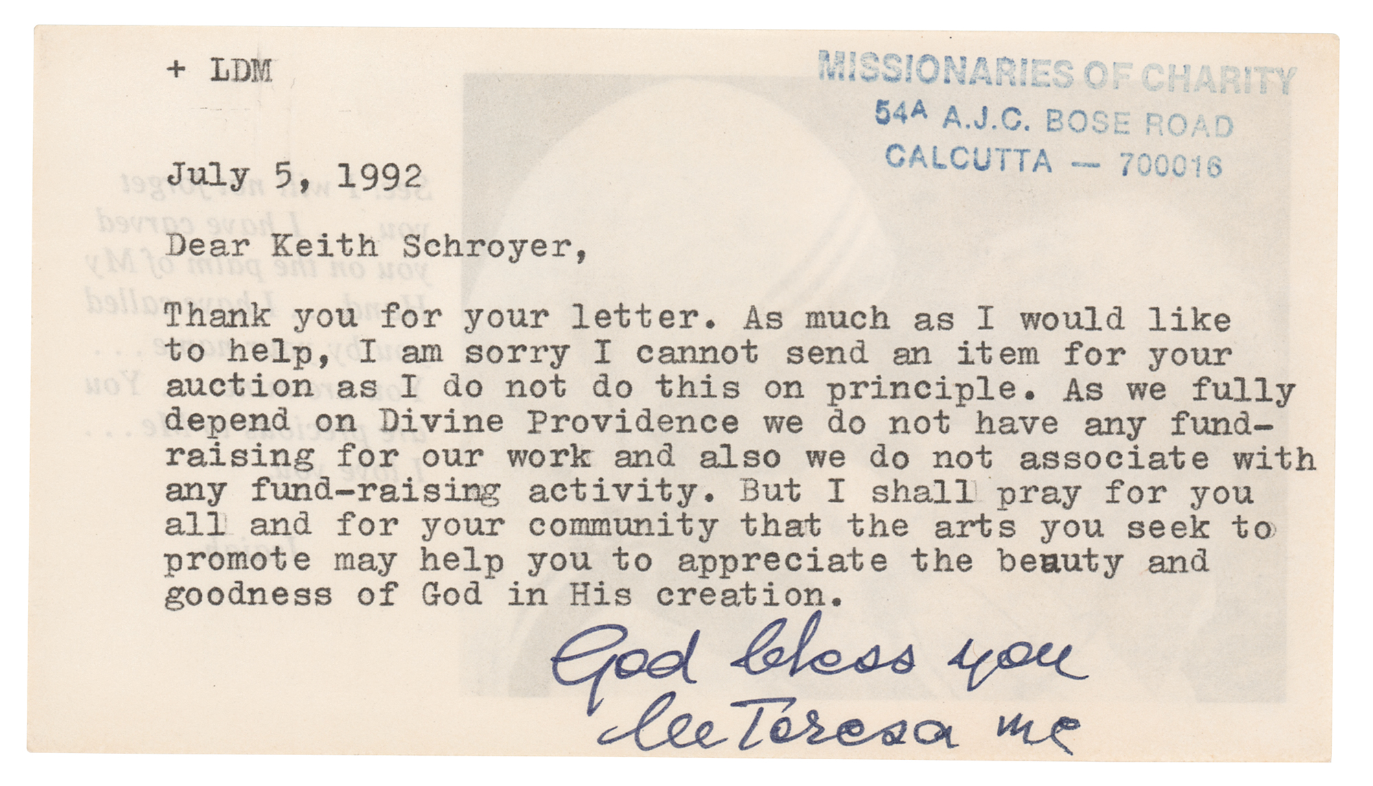 Lot #319 Mother Teresa Typed Letter Signed