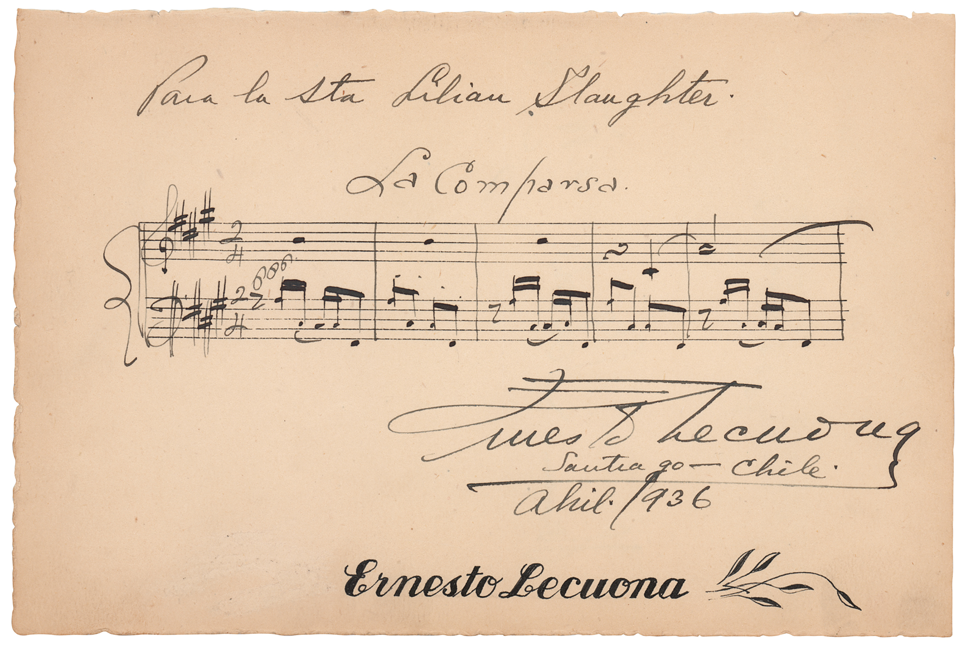 Lot #650 Ernesto Lecuona Autograph Musical Quotation Signed