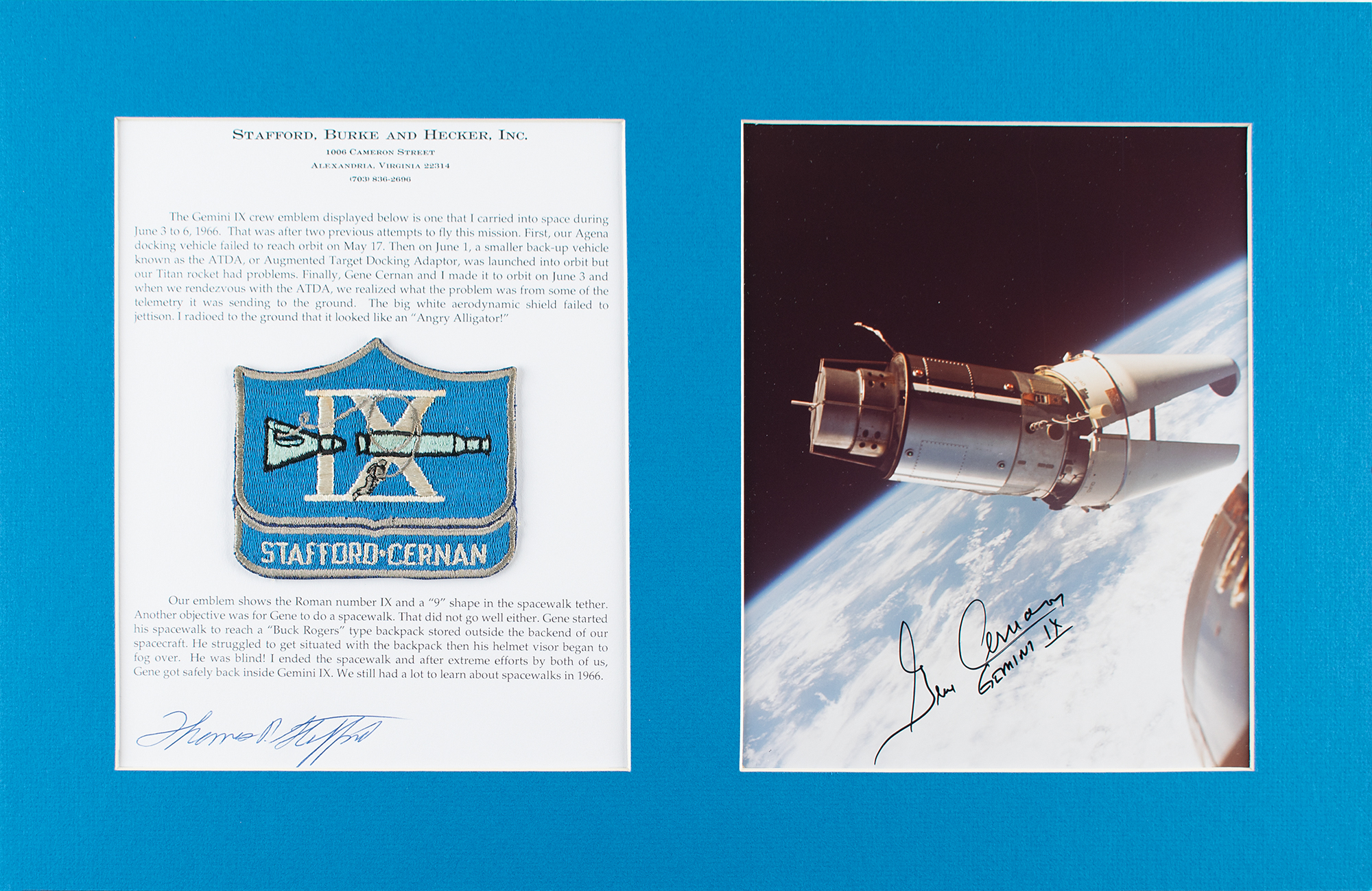 Lot #3080 Tom Stafford's Gemini 9 Flown Patch with Signed Photograph
