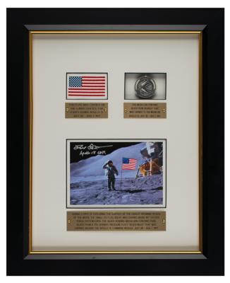 Lot #3377 Dave Scott's Apollo 15 Lunar Landed Flag and Lunar Orbited Metal Robbins Medallion Display - Image 1