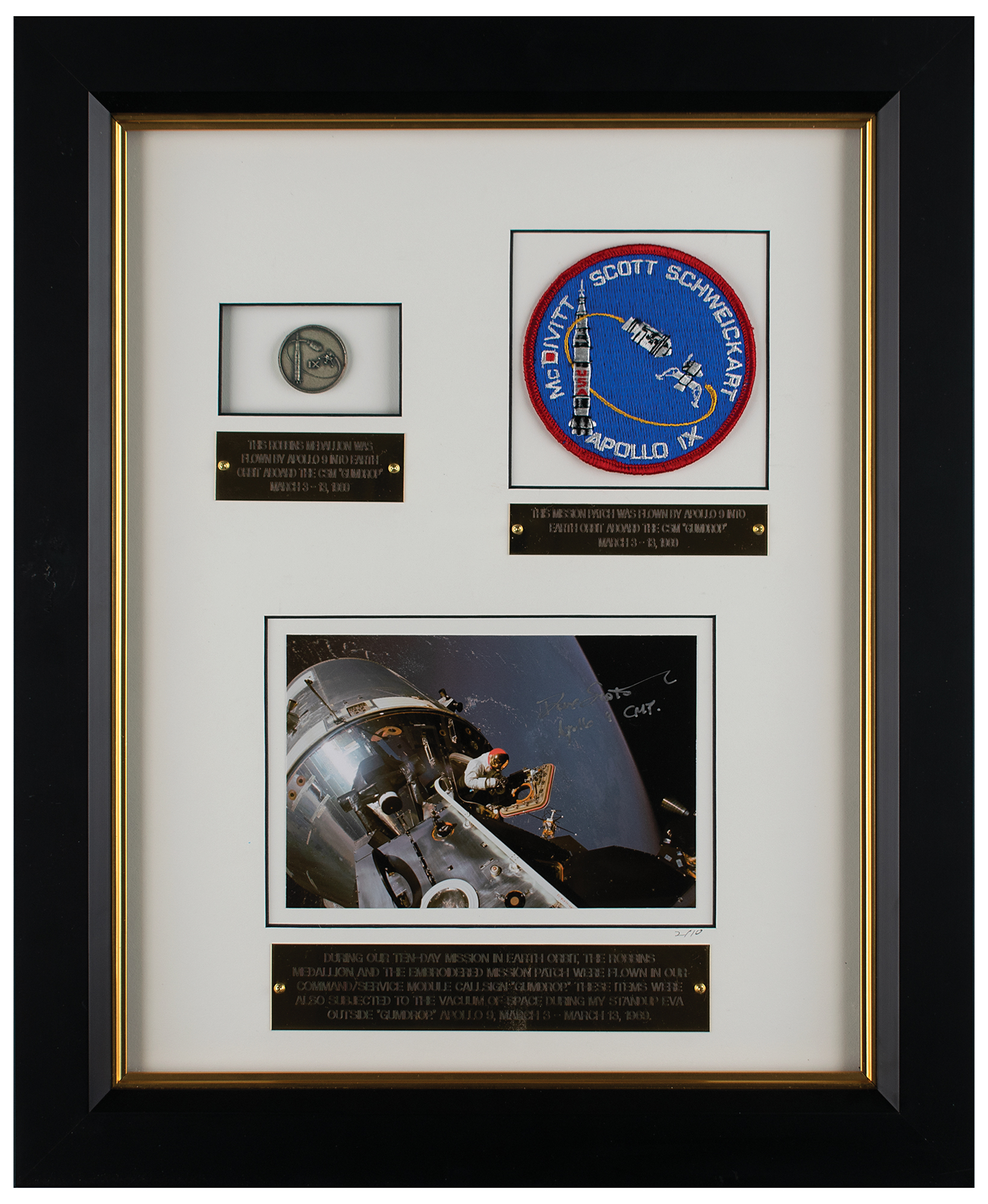 Lot #3163 Apollo 9 Flown Robbins Medallion and Patch Display from the Collection of Dave Scott