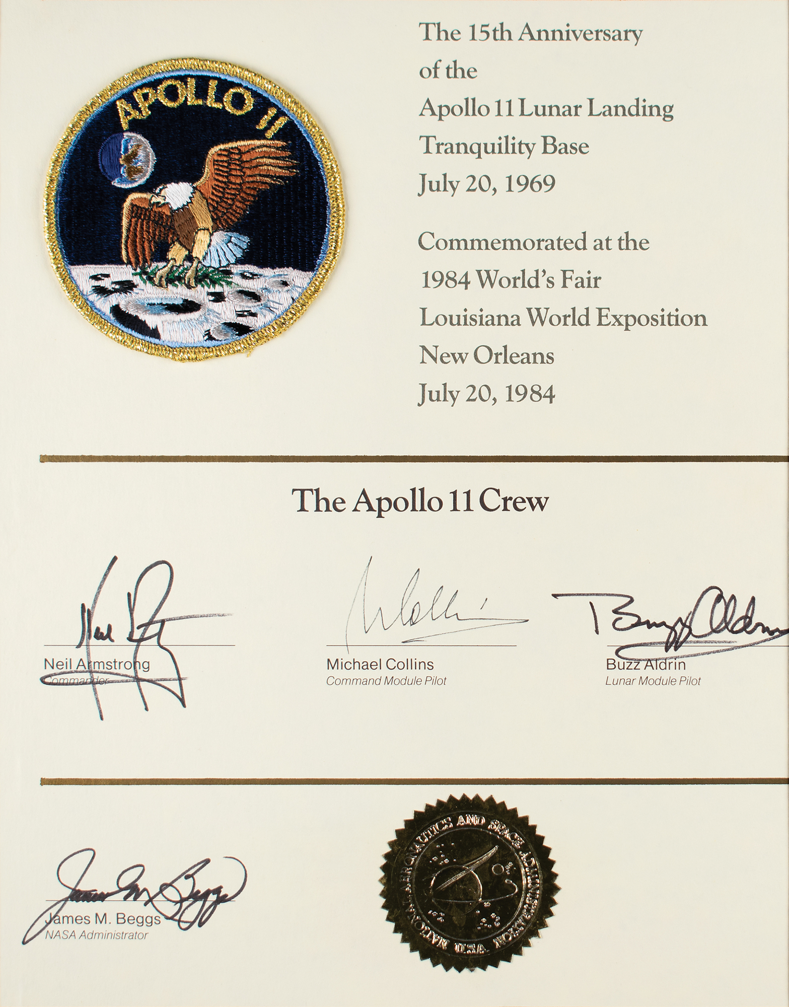 Lot #3205 Apollo 11 Signed 15th Anniversary Certificate