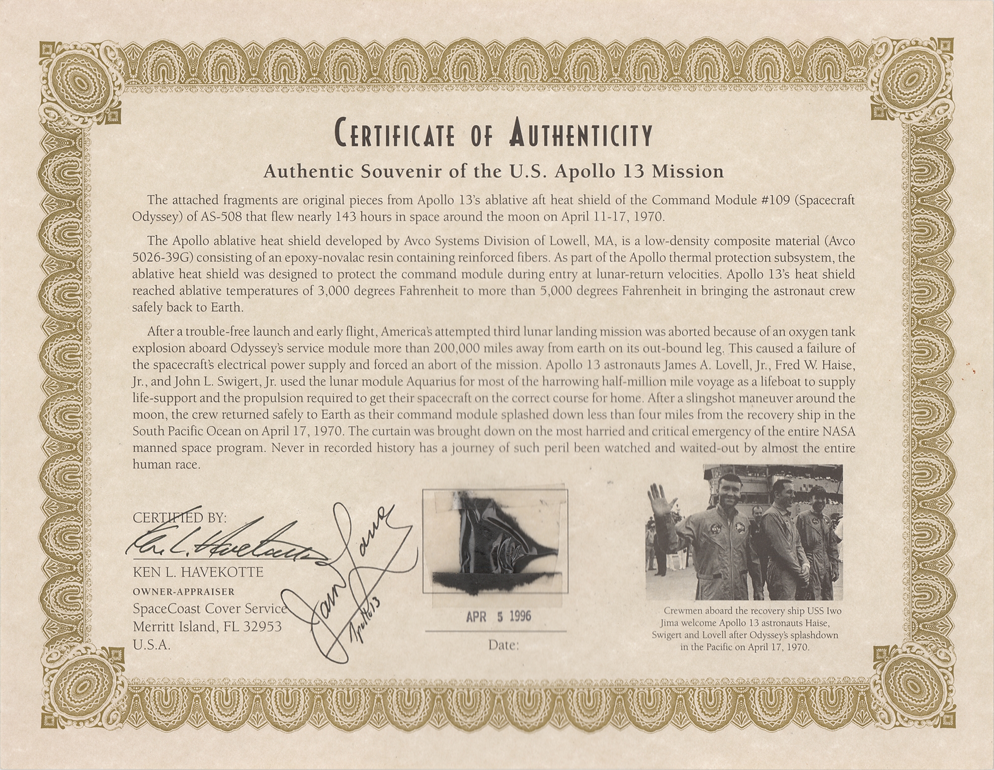 Lot #3322 Apollo 13 Heat Shield Fragments, with Certificate Signed by James Lovell [Attested to as Flown by Ken Havekotte]