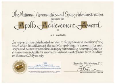 Lot #3212 Apollo 11 Flown Kapton Foil and Apollo Achievement Award: A. J. Maynard