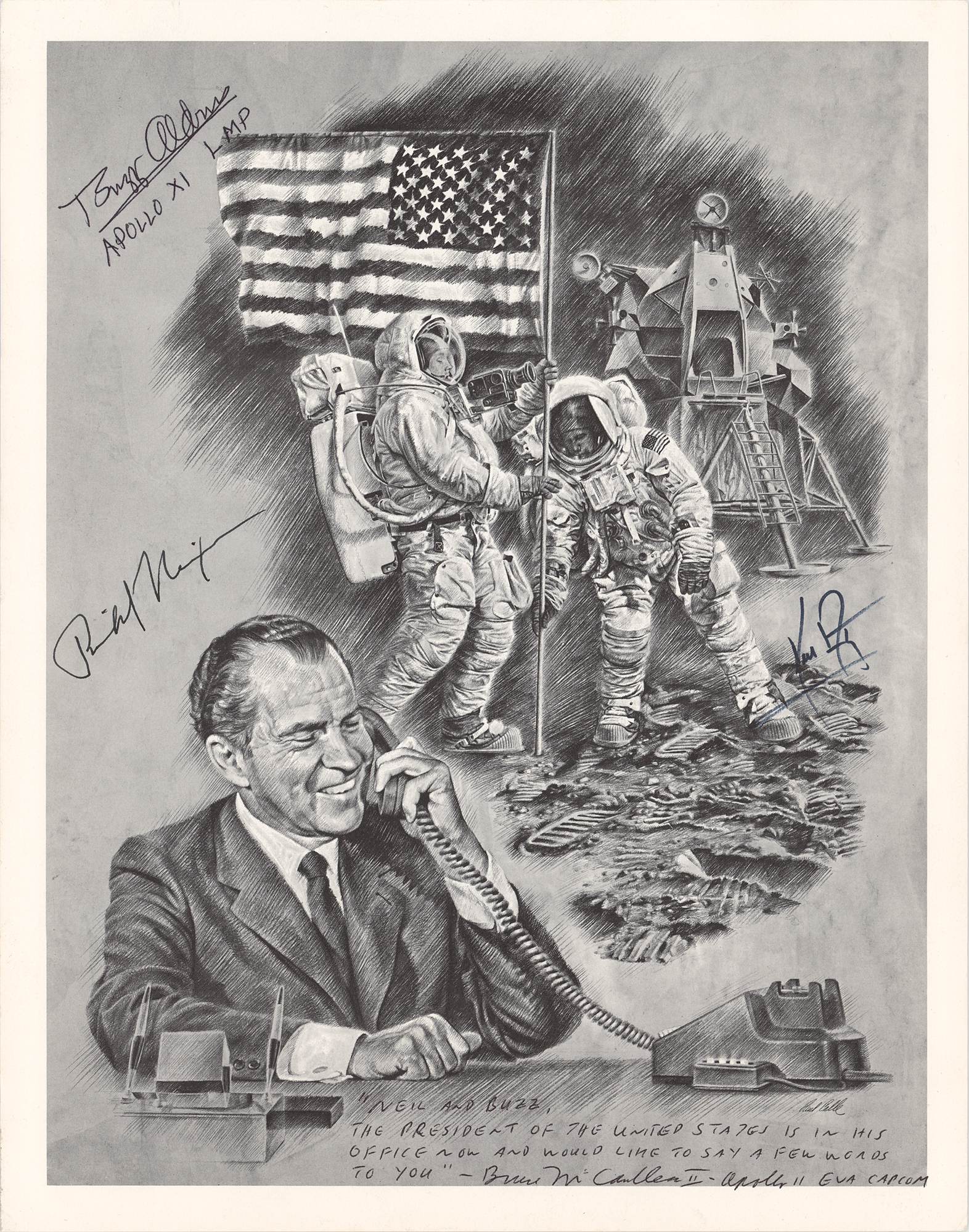Lot #3206 Apollo 11 Print Signed by Armstrong, Aldrin, Nixon, and McCandless