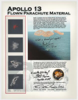 Lot #3306 Apollo 13 Flown Parachute Material Signed by Lovell and Haise [Attested to as Flown by Ken Havekotte] - Image 1