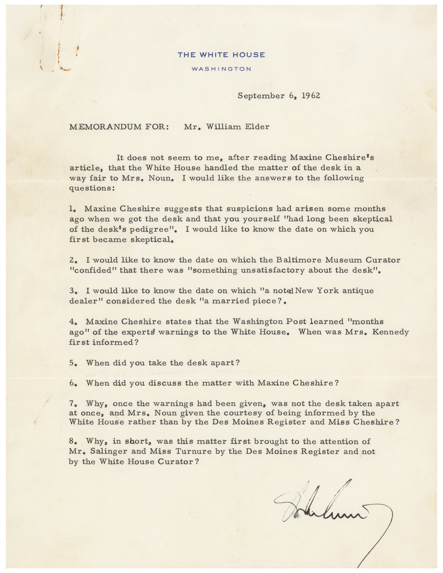 Lot #49 John F. Kennedy Typed Memo Signed as President