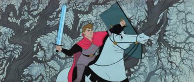 Lot #1041 Eyvind Earle pan production background and Prince Phillip and Samson production cel and from Sleeping Beauty - Image 1