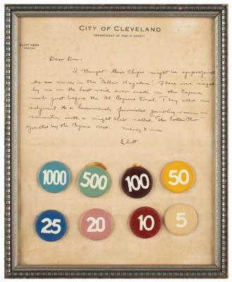 Lot #218 Eliot Ness Autograph Letter Signed with (8) Illegal Roulette Lammer Chips from the Last Capone Mob Raid