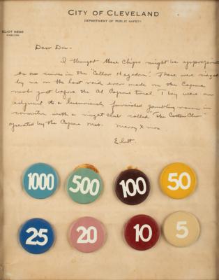 Lot #218 Eliot Ness Autograph Letter Signed with (8) Illegal Roulette Lammer Chips from the Last Capone Mob Raid - Image 2