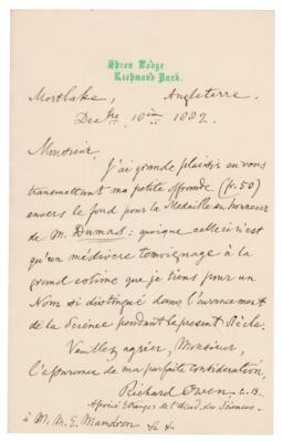 Lot #338 Richard Owen Autograph Letter Signed - Image 1