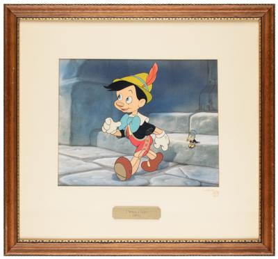 Lot #974 Jiminy Cricket production cel and Pinocchio publicity cel on master background from Pinocchio - Image 1