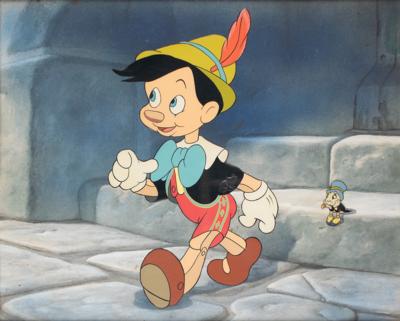Lot #974 Jiminy Cricket production cel and Pinocchio publicity cel on master background from Pinocchio - Image 2