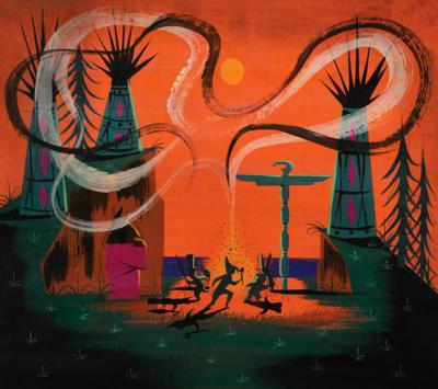 Lot #1036 Mary Blair concept storyboard painting of the Indian Village from Peter Pan - Image 2