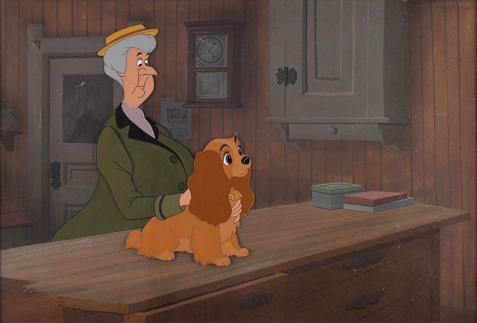 Lot #1005 Aunt Sarah and Lady production cels and key master background from Lady and the Tramp
