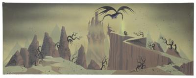 Lot #1040 Eyvind Earle concept panorama storyboard painting of Prince Philip, Samson, and Maleficent from Sleeping Beauty - Image 1