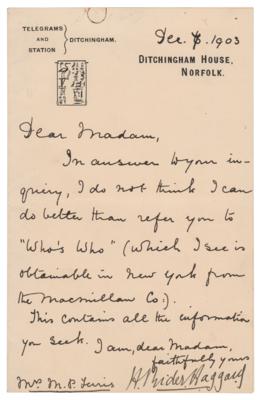 Lot #650 H. Rider Haggard Letter Signed - Image 1