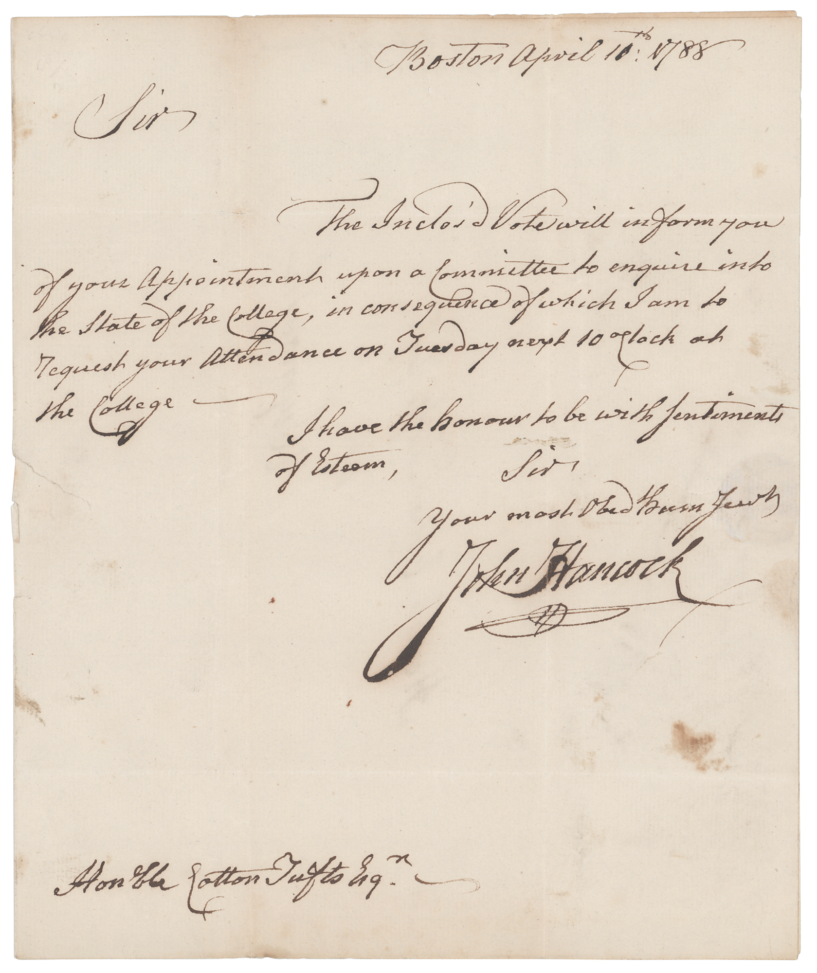 Lot #174 John Hancock Autograph Letter Signed