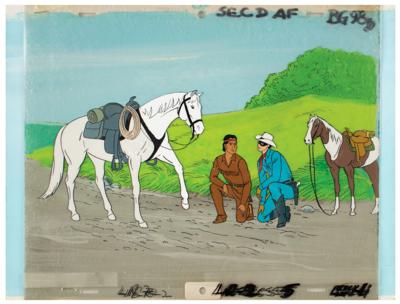 Lot #1206 The Lone Ranger, Tonto, Silver, and Scout production cels on original background from The Lone Ranger - Image 1