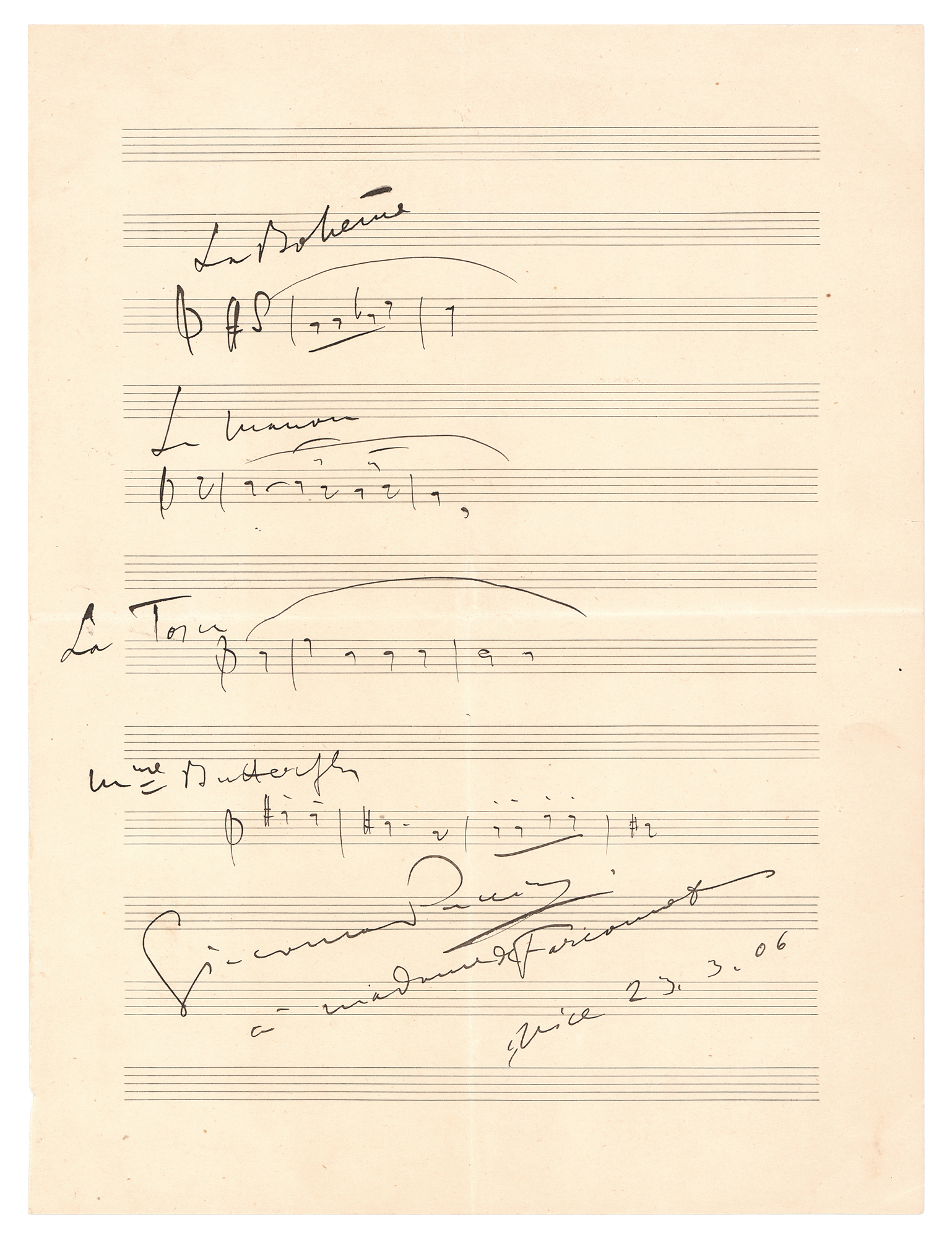 Lot #684 Giacomo Puccini Autograph Musical Quotations Signed