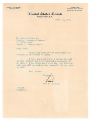 Lot #52 John F. Kennedy Typed Letter Signed on Sen. Joe McCarthy - Image 1