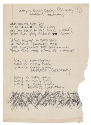 Lot #4469 Dee Dee Ramone Handwritten Lyrics for 'Why Is Everybody Always Against Germany' - Image 1