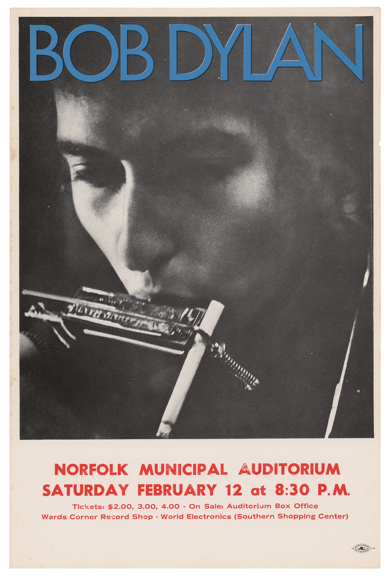 Lot #4069 Bob Dylan Norfolk Municipal Auditorium Handbill